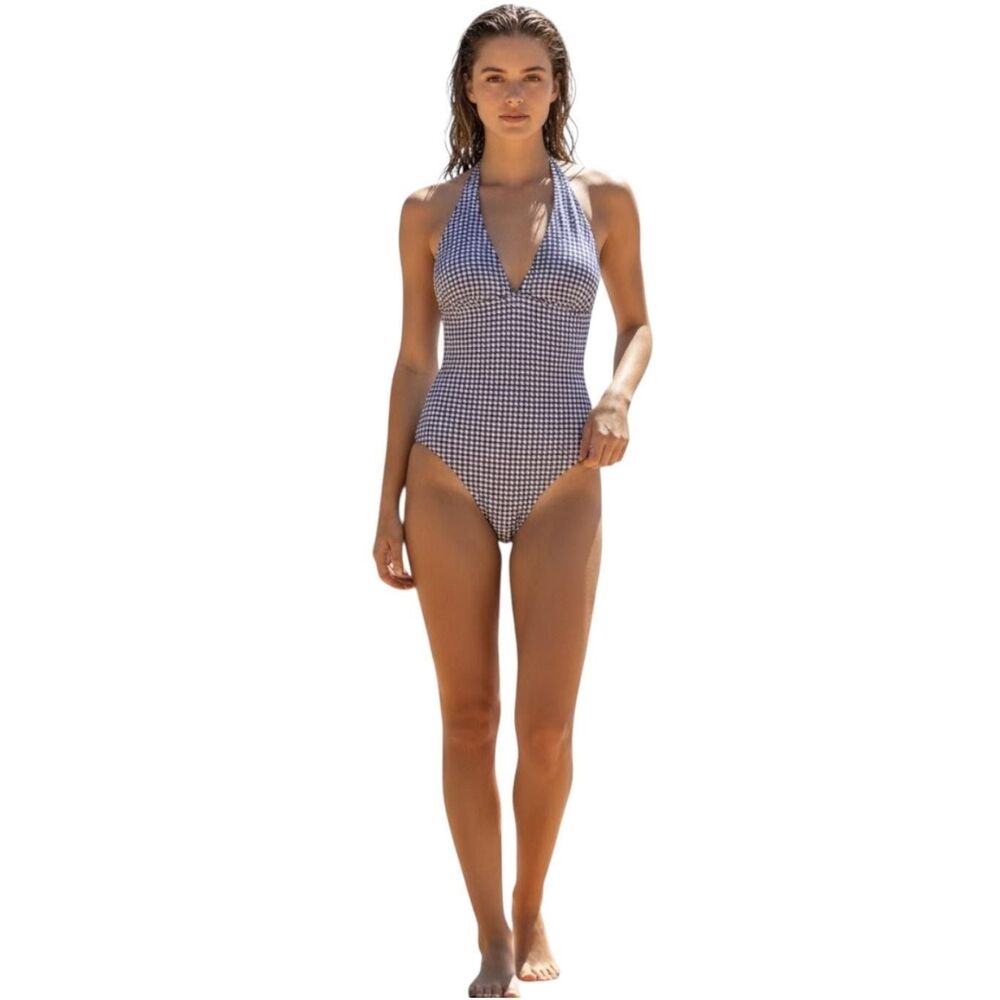 Draper James x Helen Jon One Piece Swimsuit Womens XS Navy Gingham Keyhole USA